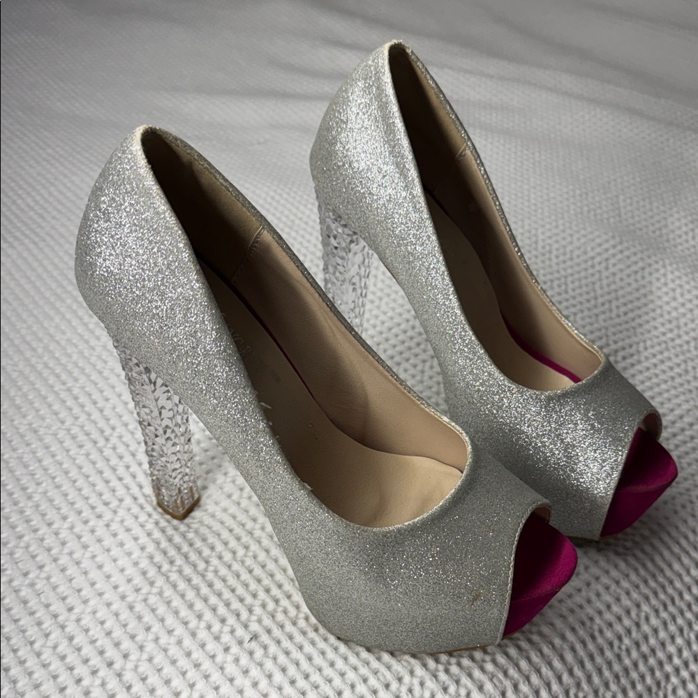 Silver Glitter Peep-Toe High Heels (5.5”) with Pink Accent - Size 39 (8.5-9.0)